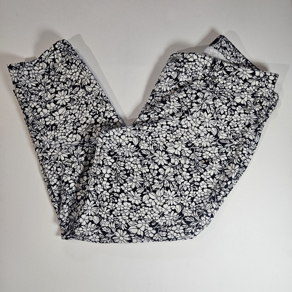 Talbots Pants Womens 14 Petite Black White Floral‎ Mid Rise Straight Leg Knit